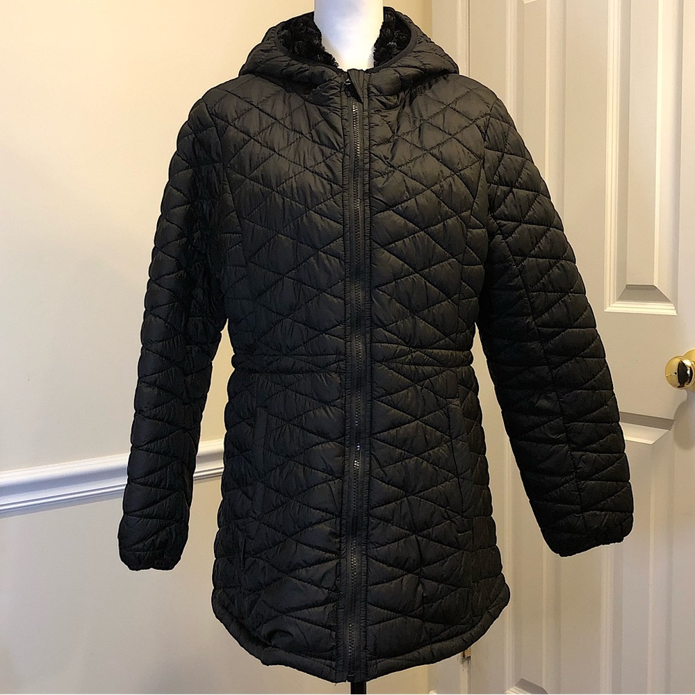 STEVE MADDEN Black Quilted Faux Fur Lined Hooded Coat Chin Guard Zip Pockets LRG